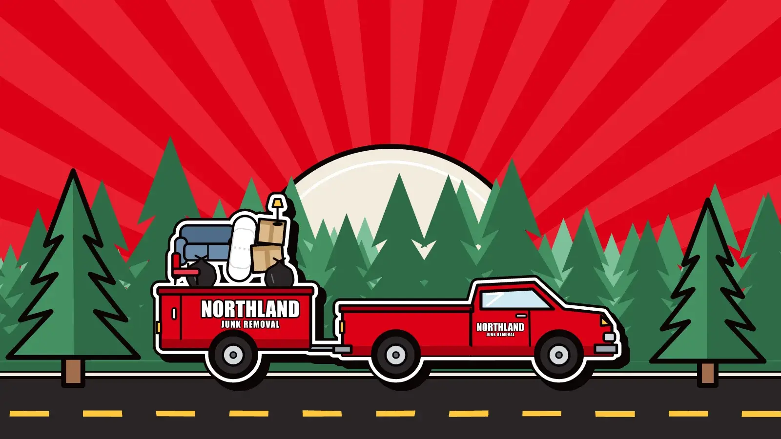 Northland Junk pickup truck loaded with a couch, boxes and trash bags driving through a Minnesota pine forest