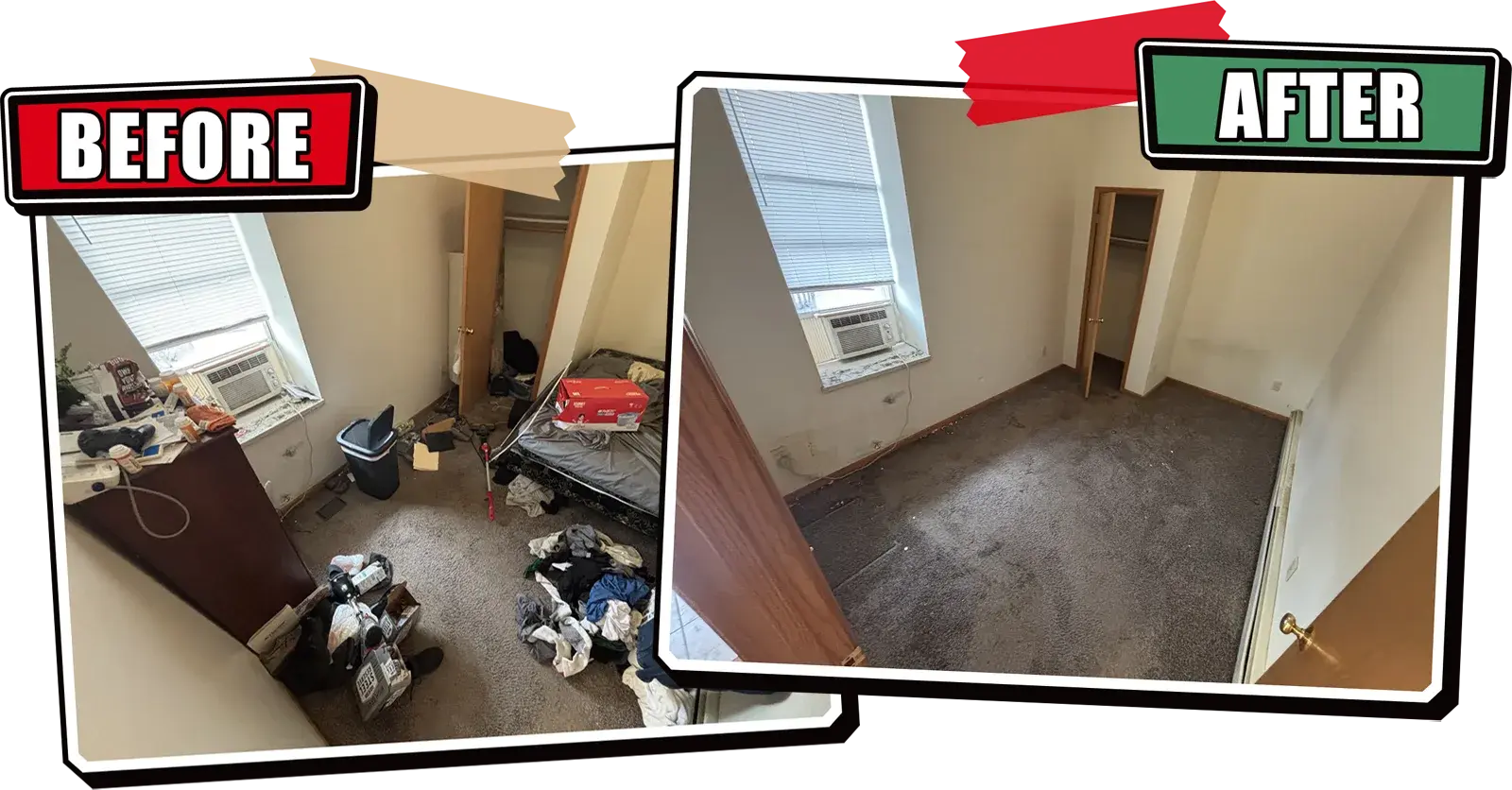 Before and after of a bedroom cleared of clothing, furniture and trash by Northland Junk