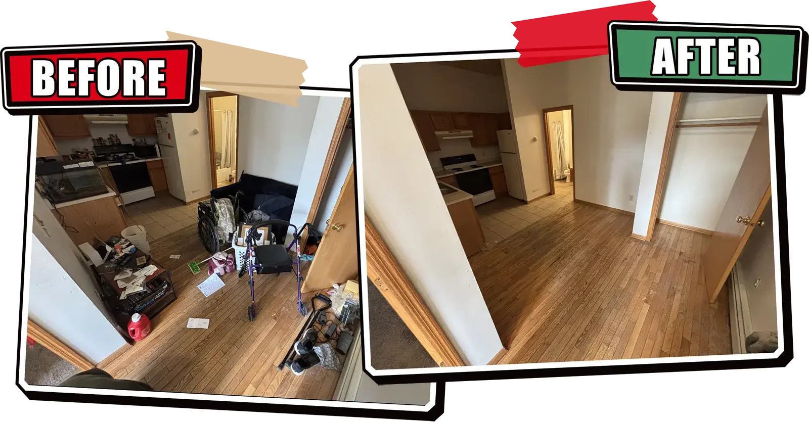 Before and after of an apartment living area cleared of belongings and clutter by Northland Junk
