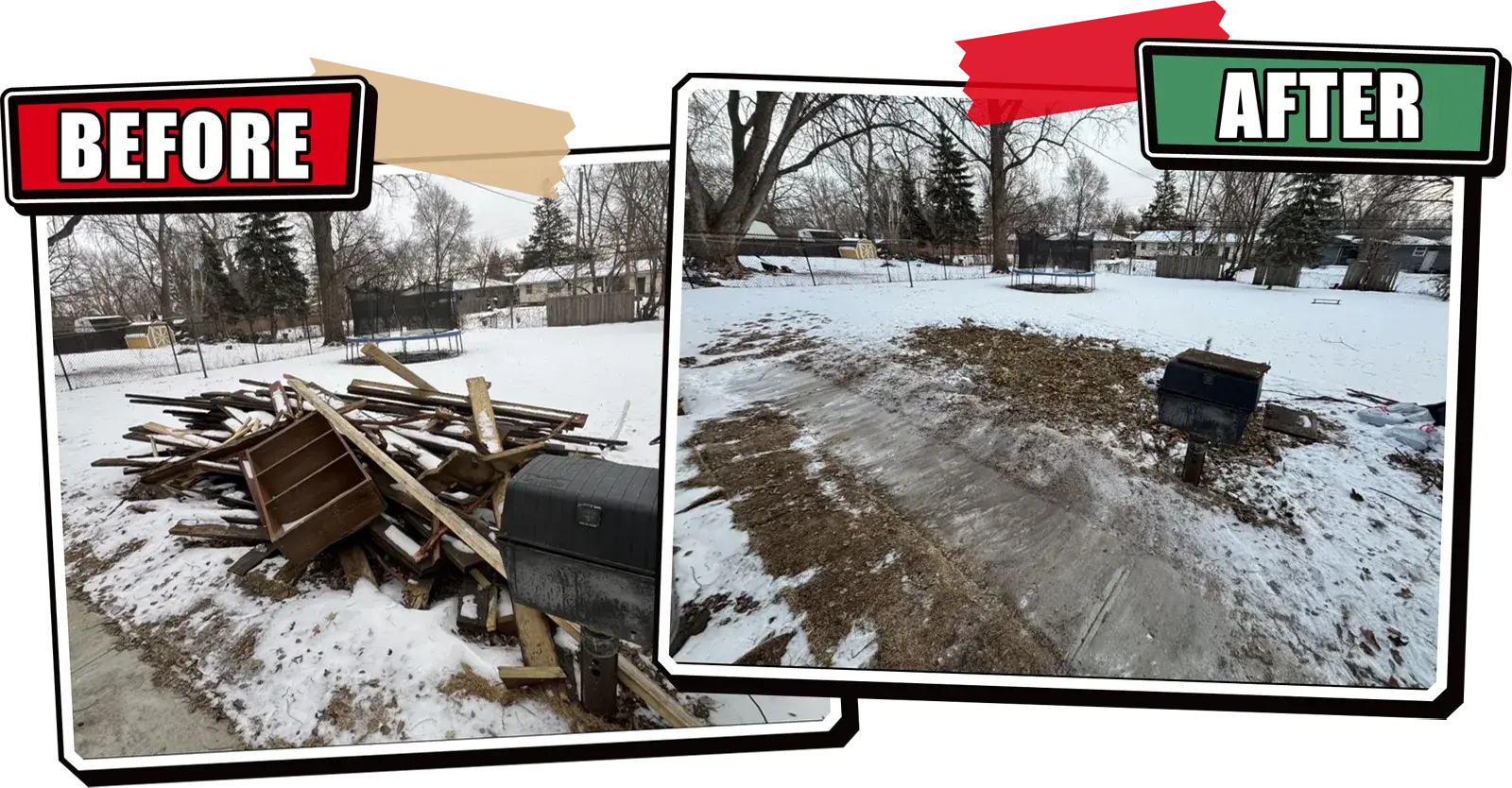 Before and after of a snowy yard cleared of a pile of scrap lumber by Northland Junk